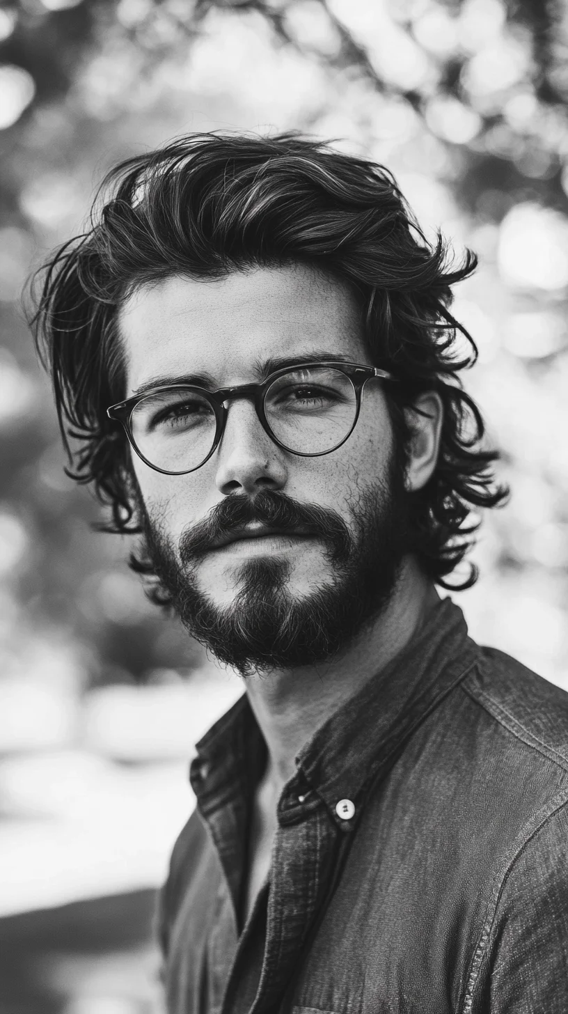 Effortlessly Stylish: The Textured Medium-Length Wave with a Distinguished Beard