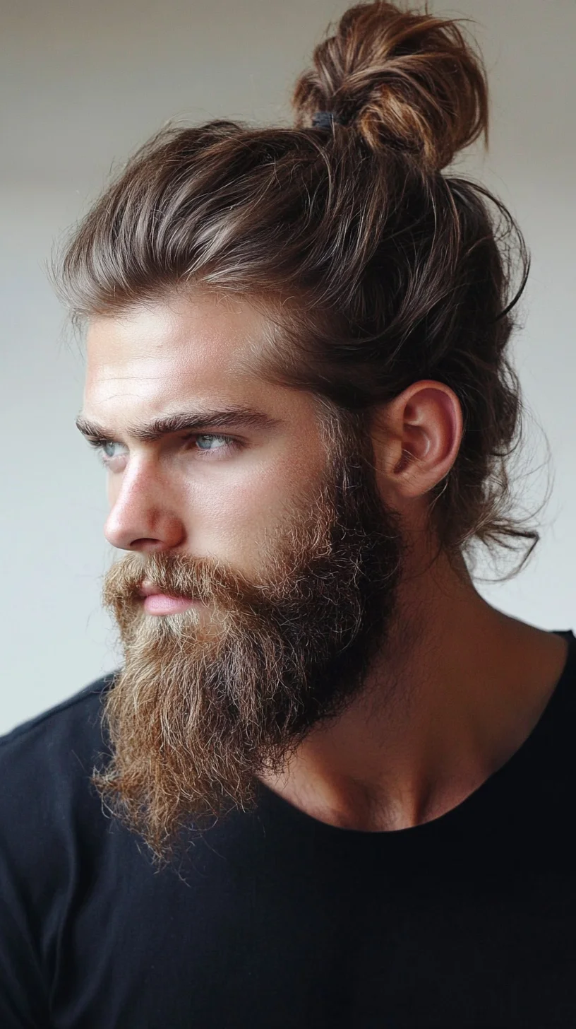 Effortlessly Stylish: The Trendy Man Bun with a Full Beard