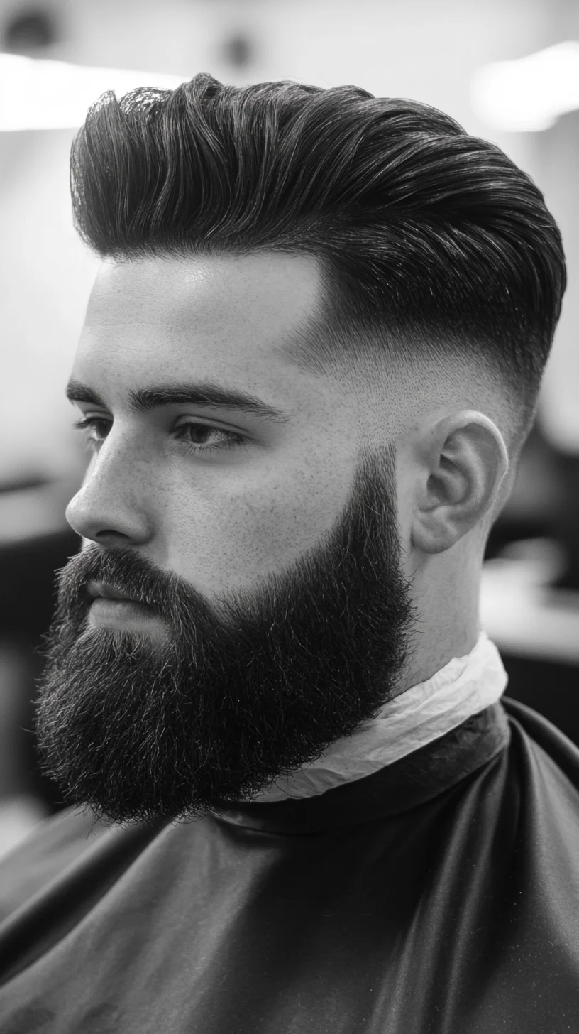 Elevate Your Look: The Bold Pompadour with Sharp Fade and Full Beard